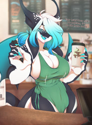 Size: 946x1280 | Tagged: suggestive, artist:rainbowscreen, oc, oc only, oc:penelope (rainbowscreen), cetacean, dragon, fictional species, hybrid, mammal, orca, orcadragon, anthro, 2021, apron, bedroom eyes, big breasts, breast milk, breasts, cafe, clothes, coffee cup, digital art, ears, eyelashes, female, hair, i mean breast milk, lactation, lactation through clothing, looking at you, meme, naked apron, nipple outline, nudity, one eye closed, open mouth, partial nudity, pen, scales, sharp teeth, solo, solo female, tail, teeth, thighs, tongue, wide hips