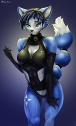 Size: 779x1280 | Tagged: suggestive, artist:nastya-tan, krystal (star fox), canine, fox, mammal, anthro, nintendo, star fox, 2021, black nose, blushing, breasts, cameltoe, clothes, digital art, ears, eyelashes, female, fur, hair, looking at you, pose, simple background, solo, solo female, suit, tail, thighs, vixen, wide hips