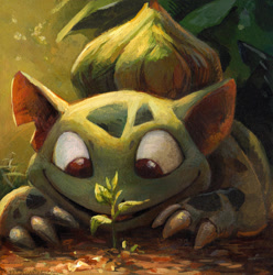 Size: 759x764 | Tagged: safe, artist:kenket, bulbasaur, fictional species, feral, nintendo, pokémon, 2018, ambiguous gender, claws, front view, looking at something, lying down, open mouth, open smile, plant, prone, smiling, solo, solo ambiguous, starter pokémon