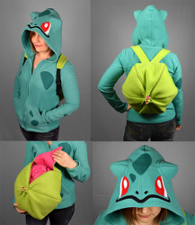 Size: 939x1080 | Tagged: safe, artist:sewdesune, bulbasaur, fictional species, human, mammal, humanoid, nintendo, pokémon, 2015, ambiguous gender, backpack, clothes, craft, female, handmade, hoodie, irl, irl human, photo, photographed artwork, solo, solo female, starter pokémon, topwear, watermark