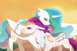 Size: 1280x854 | Tagged: safe, artist:primrosepaper, princess celestia (mlp), queen novo (mlp), alicorn, bird, equine, fictional species, hippogriff, mammal, pony, friendship is magic, hasbro, my little pony, my little pony: the movie, duo, duo female, eyes closed, farewell, female, female/female, females only, floppy ears, hug, mare, sad, shipping, signature
