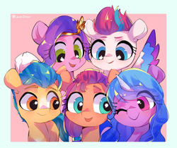 Size: 2940x2466 | Tagged: safe, artist:lexiedraw, hitch trailblazer (mlp), izzy moonbow (mlp), pipp petals (mlp), sunny starscout (mlp), zipp storm (mlp), hasbro, my little pony, my little pony g5, spoiler:my little pony g5, female, group photo, high res, male, mane five (mlp g5)