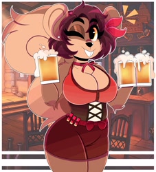 Size: 2900x3200 | Tagged: safe, artist:wirelessshiba, oc, oc only, oc:shelly (wirelessshiba), mammal, rodent, squirrel, anthro, 2021, alcohol, bar, beer, breasts, brown body, brown fur, brown hair, cleavage, clothes, drink, elbow fluff, female, fluff, fur, hair, high res, looking at you, one eye closed, short hair, shoulder fluff, solo, solo female, tan body, tan fur