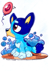 Size: 2443x3530 | Tagged: safe, artist:rainbow eevee, bluey heeler (bluey), australian cattle dog, canine, dog, mammal, feral, bluey (series), awww, balloon, black nose, blue body, blue fur, brown eyes, cheek fluff, chest fluff, cute, female, feralized, fluff, fur, heart, high res, looking up, puppy, simple background, sitting, solo, solo female, tongue, tongue out, traditional art, wooden floor, young