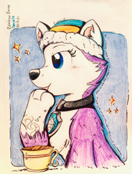 Size: 2654x3495 | Tagged: safe, artist:rainbow eevee, everest (paw patrol), canine, dog, husky, mammal, nickelodeon, paw patrol, aesthetic, black nose, blue eyes, cafe, cheek fluff, chest fluff, coffee, coffee cup, coffee mug, collar, cup, cute, drink, eyelashes, female, fluff, high res, lidded eyes, side view, simple background, smiling, solo, solo female, sparkles, traditional art