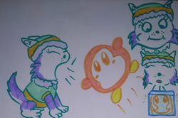 Size: 1280x849 | Tagged: safe, artist:dexstewart13, everest (paw patrol), canine, dog, husky, mammal, nickelodeon, paw patrol, clothes, crossover, duo, female, hat, headwear, ice, ice cube, jacket, topwear, traditional art, waddle dee (kirby)