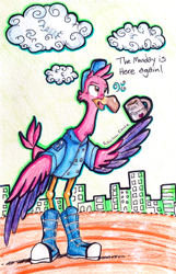 Size: 2289x3561 | Tagged: safe, artist:rainbow eevee, freddy (t.o.t.s.), bird, flamingo, disney, t.o.t.s., angry, building, clothes, cloud, coffee cup, coffee mug, colored wings, colorful, cup, dialogue, feathers, hat, headwear, high res, looking up, male, monday, open mouth, pink feathers, shoes, solo, solo male, talking, text, traditional art, unamused, uniform, wings