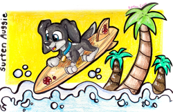 Size: 3367x2176 | Tagged: safe, artist:rainbow eevee, disney, puppy dog pals, auggie (puppy dog pals), beach, collar, cute, fur, gray body, gray fur, happy, high res, lei, looking down, multicolored fur, ocean, open mouth, palm tree, plant, simple background, smiling, solo, surfboard, surfing, text, traditional art, tree, two toned body, two toned fur, water