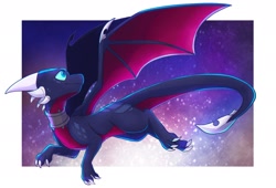 Size: 2048x1390 | Tagged: safe, artist:twistedeerie, cynder the dragon (spyro), dragon, fictional species, western dragon, feral, spyro the dragon (series), the legend of spyro, abstract background, claws, collar, dragoness, female, horns, solo, solo female, tail, wings