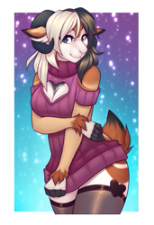 Size: 441x646 | Tagged: safe, artist:lockworkorange, oc, oc only, bovid, goat, mammal, breasts, cleavage, clothes, female, floppy ears, keyhole sweater, legwear, looking at you, smiling, solo, solo female, stockings