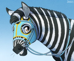 Size: 1280x1043 | Tagged: safe, artist:jenery, stripes (racing stripes), equine, mammal, zebra, feral, racing stripes, 2021, 2d, black body, black fur, black hair, brown eyes, bust, fur, grin, hair, halter, male, mane, reins, side view, smiling, solo, solo male, tack, ungulate, whiskers, white body, white fur, white hair