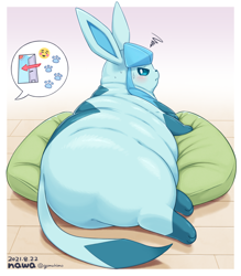 Size: 1260x1440 | Tagged: safe, artist:gomuhimo, eeveelution, fictional species, glaceon, mammal, feral, nintendo, pokémon, 2021, ambiguous gender, blushing, butt, digital art, door, fat, lazy, looking at you, looking back, looking back at you, lying down, obese, on side, solo, solo ambiguous