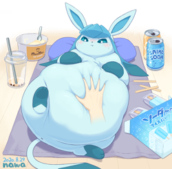 Size: 1350x1328 | Tagged: safe, artist:gomuhimo, eeveelution, fictional species, glaceon, mammal, feral, nintendo, pokémon, 2020, 2021, anus, bellyrubs, blue body, blue fur, blushing, can, cup, digital art, disembodied hand, fat, food, fur, ice cream, lying down, nudity, obese, on back, popsicle, simplistic anus, solo focus