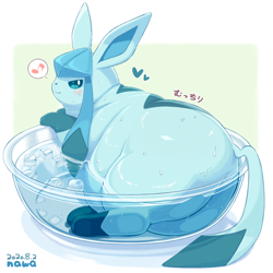 Size: 1290x1290 | Tagged: safe, artist:gomuhimo, eeveelution, fictional species, glaceon, mammal, feral, nintendo, pokémon, 2020, ambiguous gender, blue body, blue fur, blushing, butt, digital art, fat, fur, ice, looking at you, obese, smiling, smiling at you, solo, solo ambiguous, water