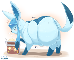 Size: 1335x1088 | Tagged: safe, artist:gomuhimo, eeveelution, fictional species, glaceon, mammal, feral, nintendo, pokémon, 2019, ambiguous gender, blue body, blue fur, butt, digital art, eyes closed, fat, food, fur, ice cream, obese, open mouth, solo, solo ambiguous, sweat