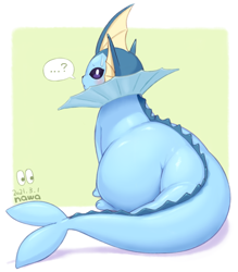 Size: 1050x1200 | Tagged: safe, artist:gomuhimo, eeveelution, fictional species, mammal, vaporeon, nintendo, pokémon, 2021, ambiguous gender, blue body, blushing, digital art, fat, looking at you, looking back, looking back at you, sitting, solo, solo ambiguous, speech bubble