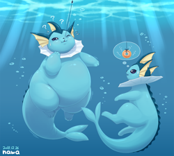 Size: 1300x1170 | Tagged: safe, artist:gomuhimo, eeveelution, fictional species, mammal, vaporeon, feral, nintendo, pokémon, 2018, ambiguous gender, blue body, digital art, duo, duo ambiguous, fat, swimming, underwater, water