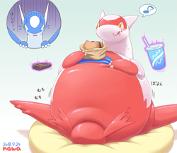 Size: 1125x975 | Tagged: safe, artist:gomuhimo, fictional species, latias, latios, legendary pokémon, feral, nintendo, pokémon, 2018, blushing, burger, cup, eating, fat, female, food, japanese text, lettuce, male, meat, obese, remote, sitting, smiling, vegetables