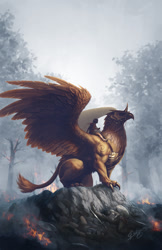 Size: 900x1385 | Tagged: safe, artist:deligaris, bird, feline, fictional species, gryphon, human, mammal, feral, humanoid, cc by-nc-sa, creative commons, 2021, ambiguous gender, fire, forest, group, photoshop