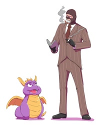 Size: 946x1193 | Tagged: safe, artist:zorofab, spy (tf2), spyro the dragon (spyro), dragon, fictional species, human, mammal, feral, humanoid, spyro the dragon (series), team fortress 2, valve, book, cigarette, clothes, duo, duo male, fat, gloves, male, males only, open mouth, purple eyes, shoes, simple background, smoking, webbed wings, white background, wings