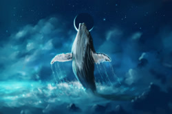 Size: 1600x1067 | Tagged: safe, artist:shootingstarlogbook, cetacean, humpback whale, mammal, whale, 2021, ambiguous gender, breaching, cloud, cloudy, moon, night, night sky, sky, solo, stars