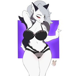 Size: 2000x2000 | Tagged: suggestive, artist:eesahma, loona (vivzmind), canine, fictional species, hellhound, mammal, anthro, hazbin hotel, helluva boss, 2021, alternate hairstyle, big breasts, border, breasts, clothes, ears, female, gray hair, hair, high res, long hair, looking at you, smiling, smiling at you, solo, solo female, tail, thick thighs, thighs, white border