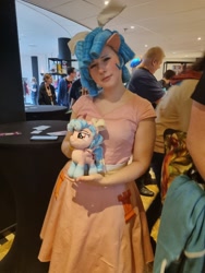 Size: 1536x2048 | Tagged: safe, cozy glow (mlp), human, mammal, feral, humanoid, friendship is magic, hasbro, my little pony, blue hair, clothes, cosplay, costume, dress, hair, hand hold, holding, irl, irl human, photo, plushie, ponycon holland