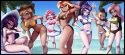 Size: 2249x1000 | Tagged: suggestive, artist:the-park, applejack (mlp), fluttershy (mlp), pinkie pie (mlp), rainbow dash (mlp), rarity (mlp), sunset shimmer (mlp), twilight sparkle (mlp), human, mammal, humanoid, friendship is magic, hasbro, my little pony, applejack's hat, ball, beach, beach ball, beach chair, belly button, big breasts, bikini, blushing, breasts, busty sci-twi, chair, cleavage, clothes, cutie mark, floater, freckles, glasses, happy, hat, headwear, humane seven, humanized, looking at you, one eye closed, open mouth, palm tree, plant, sci-twi (mlp), shoulder cutie mark, sitting, smiling, species swap, swimsuit, tree, waving, winking