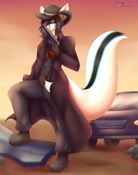 Size: 920x1161 | Tagged: safe, artist:mleonheart, oc, oc only, badger, mammal, mustelid, anthro, 2016, boots, car, clothes, commission, digital art, ears, gun, hair, handgun, hat, headwear, looking at you, male, shoes, solo, solo male, tail, thighs, vehicle, weapon