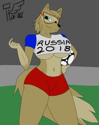 Size: 1013x1280 | Tagged: suggestive, artist:bshark06, zabivaka (fifa), canine, mammal, wolf, anthro, fifa, 2019, ball, belly button, black nose, bottomwear, breasts, clothes, digital art, ears, eyelashes, female, flat colors, fur, goggles, hair, looking at you, pose, rule 63, shirt, shorts, soccer ball, solo, solo female, tail, thighs, topwear, underboob, wide hips