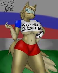 Size: 1013x1280 | Tagged: suggestive, alternate version, artist:bshark06, zabivaka (fifa), canine, mammal, wolf, anthro, fifa, 2019, ball, belly button, black nose, bottomwear, breasts, clothes, digital art, ears, eyelashes, female, fur, goggles, hair, looking at you, pose, rule 63, shirt, shorts, soccer ball, solo, solo female, tail, thighs, topwear, underboob, wide hips