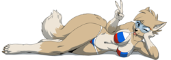 Size: 1280x448 | Tagged: safe, artist:luigiix, zabivaka (fifa), canine, mammal, wolf, anthro, fifa, 2020, belly button, bikini, black nose, blep, breasts, clothes, digital art, ears, eyelashes, female, flag bikini, fur, goggles, hair, looking at you, lying down, one eye closed, pose, rule 63, russia, russian flag, solo, solo female, swimsuit, tail, thighs, tongue, tongue out, wide hips