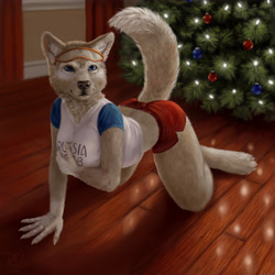 Size: 6000x6000 | Tagged: safe, artist:notdonebaking, zabivaka (fifa), canine, mammal, wolf, anthro, digitigrade anthro, fifa, 2016, absurd resolution, all fours, black nose, bottomwear, breasts, christmas, christmas tree, clothes, conifer tree, digital art, ears, eyelashes, female, fur, goggles, hair, holiday, looking at you, pose, rule 63, shirt, shorts, solo, solo female, tail, thighs, topwear, tree, wide hips