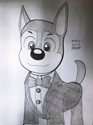 Size: 1024x1366 | Tagged: safe, artist:rex100, chase (paw patrol), canine, dog, german shepherd, mammal, feral, nickelodeon, paw patrol, black nose, clothes, ears, female, fur, simple background, solo, solo female, suit, tail, traditional art, white background