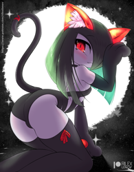 Size: 801x1025 | Tagged: safe, artist:rilexlenov, fictional species, kirlia, anthro, cc by-nc-sa, creative commons, nintendo, pokémon, 2021, all fours, breasts, clothes, costume, digital art, evening gloves, eyelashes, fake ears, fake tail, female, gloves, hair, halloween, halloween costume, holiday, legwear, long gloves, looking at you, one eye closed, pose, solo, solo female, stockings, suit