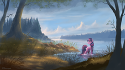 Size: 1920x1080 | Tagged: safe, artist:shamanguli, twilight sparkle (mlp), equine, fictional species, mammal, pony, unicorn, feral, friendship is magic, hasbro, my little pony, 16:9, 2016, cloud, female, forest, grass, horn, looking back, plant, scenery, scenery porn, sky, solo, solo female, tail, tree, wallpaper, water