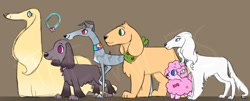 Size: 1240x499 | Tagged: safe, artist:justthemiles, applejack (mlp), fluttershy (mlp), pinkie pie (mlp), rainbow dash (mlp), rarity (mlp), twilight sparkle (mlp), afghan hound, canine, cocker spaniel, dog, irish setter, labrador, mammal, poodle, spaniel, friendship is magic, hasbro, my little pony, 2d, dogified, female, females only, greyhound, group, mane six (mlp), species swap