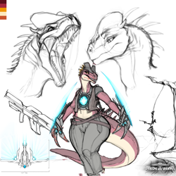 Size: 1300x1300 | Tagged: safe, artist:dragons and drawings, alien, dinosaur, fictional species, anthro, claws, female, gun, open mouth, power claws, sharp teeth, solo, solo female, spaceship, teeth, thick thighs, thighs, vehicle, weapon, wide hips