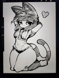 Size: 3000x4000 | Tagged: suggestive, artist:ashraely_, ankha (animal crossing), cat, feline, mammal, anthro, animal crossing, nintendo, 2020, armpits, arms behind head, bedroom eyes, belly button, black nose, blushing, breasts, clothes, digital art, eyelashes, female, fur, hair, kneeling, looking at you, monochrome, panties, pose, simple background, sketch, solo, solo female, tail, tank top, thighs, topwear, underwear, wide hips