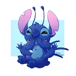 Size: 800x800 | Tagged: safe, artist:arvi tammi, stitch (lilo & stitch), alien, experiment (lilo & stitch), fictional species, disney, lilo & stitch, 1:1, 2020, 4 arms, antennae, back spines, black eyes, blue body, blue claws, blue fur, blue nose, blue paw pads, chest fluff, claws, ears, feet, fingers, fluff, fur, head fluff, laughing, male, multiple arms, multiple limbs, narrowed eyes, open mouth, paw pads, paws, signature, simple background, sitting, solo, solo male, teeth, toe claws, toes, torn ear, watermark