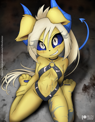 Size: 801x1025 | Tagged: suggestive, artist:rilexlenov, demon, eeveelution, fictional species, imp, jolteon, mammal, anthro, cc by-nc-sa, creative commons, nintendo, pokémon, 2021, blonde hair, breasts, clothes, ears, female, hair, halloween, holiday, horns, looking at you, smiling, smiling at you, solo, solo female, tail, thighs