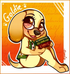 Size: 550x582 | Tagged: safe, artist:esmeia, goldie (animal crossing), canine, dog, mammal, anthro, animal crossing, nintendo, black outline, double outline, female, outline, solo, solo female, white outline