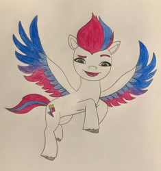 Size: 1924x2048 | Tagged: safe, artist:cynderblaze, zipp storm (mlp), equine, fictional species, mammal, pegasus, pony, feral, hasbro, my little pony, my little pony g5, spoiler:my little pony g5, 2021, colored wingtips, feathered wings, feathers, female, mare, solo, solo female, spread wings, tail, traditional art, wings