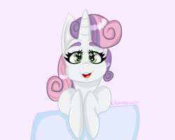 Size: 1280x1024 | Tagged: safe, artist:anastasiaplisetskaya, sweetie belle (mlp), equine, fictional species, mammal, pony, unicorn, friendship is magic, hasbro, my little pony, bushy brows, female, looking at you, open mouth, smiling, solo, solo female, thick eyebrows, wingding eyes