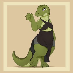 Size: 2500x2500 | Tagged: safe, artist:louart, crocodile, crocodilian, reptile, anthro, 2021, black clothing, black dress, bottomwear, breasts, claws, clothes, digital art, dress, female, green body, high res, pink eyes, sharp teeth, simple background, solo, solo female, tail, teeth, thick thighs, thighs, waving