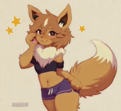 Size: 1855x1699 | Tagged: safe, artist:waspsalad, eevee, eeveelution, fictional species, mammal, anthro, nintendo, pokémon, 2021, anthrofied, belly, belly button, blushing, bottomwear, breasts, claws, clothes, crop top, cropped shirt, digital art, female, fluff, hair, looking at you, midriff, shorts, simple background, solo, solo female, tail, tail fluff, thick thighs, thighs, topwear