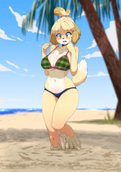 Size: 904x1280 | Tagged: suggestive, artist:oppaihobby, isabelle (animal crossing), canine, dog, mammal, shih tzu, anthro, animal crossing, nintendo, 2021, beach, belly button, bikini, black nose, blushing, breasts, clothes, cloud, commission, digital art, ears, eyelashes, female, fur, hair, looking down, ocean, open mouth, palm tree, plant, quicksand, sand, shrunken pupils, sky, solo, solo female, swimsuit, tail, thighs, tree, water, wide hips