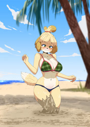 Size: 904x1280 | Tagged: suggestive, alternate version, artist:oppaihobby, isabelle (animal crossing), canine, dog, mammal, shih tzu, anthro, animal crossing, nintendo, 2021, beach, belly button, bikini, black nose, blushing, breasts, clothes, cloud, commission, digital art, ears, eyelashes, female, fur, hair, ocean, palm tree, plant, quicksand, sand, shrunken pupils, sky, solo, solo female, swimsuit, tail, thighs, tree, water, wide hips