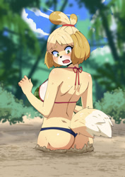 Size: 904x1280 | Tagged: suggestive, alternate version, artist:oppaihobby, isabelle (animal crossing), canine, dog, mammal, shih tzu, anthro, animal crossing, nintendo, 2021, beach, bikini, black nose, blushing, breasts, butt, clothes, cloud, commission, digital art, ears, eyelashes, female, fur, hair, looking back, ocean, open mouth, palm tree, plant, quicksand, sand, shrunken pupils, sideboob, sky, solo, solo female, swimsuit, tail, thighs, tongue, tree, water, wide hips