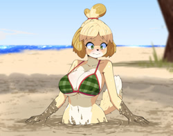 Size: 1280x1001 | Tagged: suggestive, alternate version, artist:oppaihobby, isabelle (animal crossing), canine, dog, mammal, shih tzu, anthro, animal crossing, nintendo, 2021, beach, belly button, bikini, bikini top, black nose, blushing, breasts, clothes, cloud, commission, digital art, ears, eyelashes, female, fur, hair, looking down, mud, ocean, palm tree, plant, quicksand, sand, shrunken pupils, sky, solo, solo female, swimsuit, tail, tree, water, wide hips